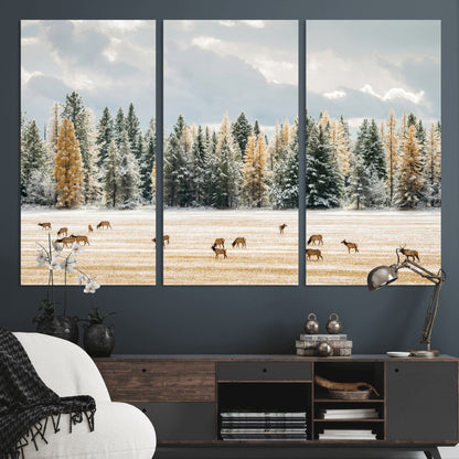 64188182-MGV-CV-36X24-Elk Herd Wall Art Canvas Print, Framed Snowy Forest Art Picture Print, Forest Elks Perfect Neutral Rustic Decor Artwork