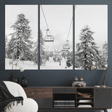55003599-MGV-CV-48X32-3P-Snowy Ski Lift Wall Art Canvas Print, Framed Winter Forest Art Picture Print, Ski lift Ride Perfect Winter Lodge Decor Artwork