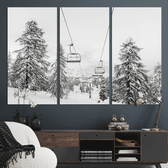 55003599-MGV-CV-48X32-3P-Snowy Ski Lift Wall Art Canvas Print, Framed Winter Forest Art Picture Print, Ski lift Ride Perfect Winter Lodge Decor Artwork