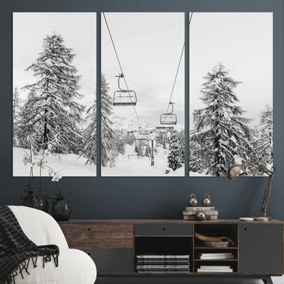 55003599-MGV-CV-48X32-3P-Snowy Ski Lift Wall Art Canvas Print, Framed Winter Forest Art Picture Print, Ski lift Ride Perfect Winter Lodge Decor Artwork
