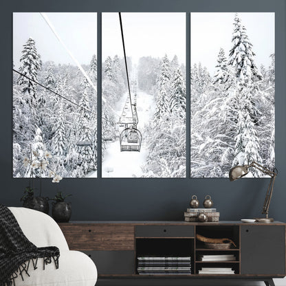 60296839-MGV-CV-36X24-Snowy Mountains Wall Art Canvas Print, Framed Ski Lift Art Picture Print, Winter Forest Perfect Winter Minimalist Decor Artwork