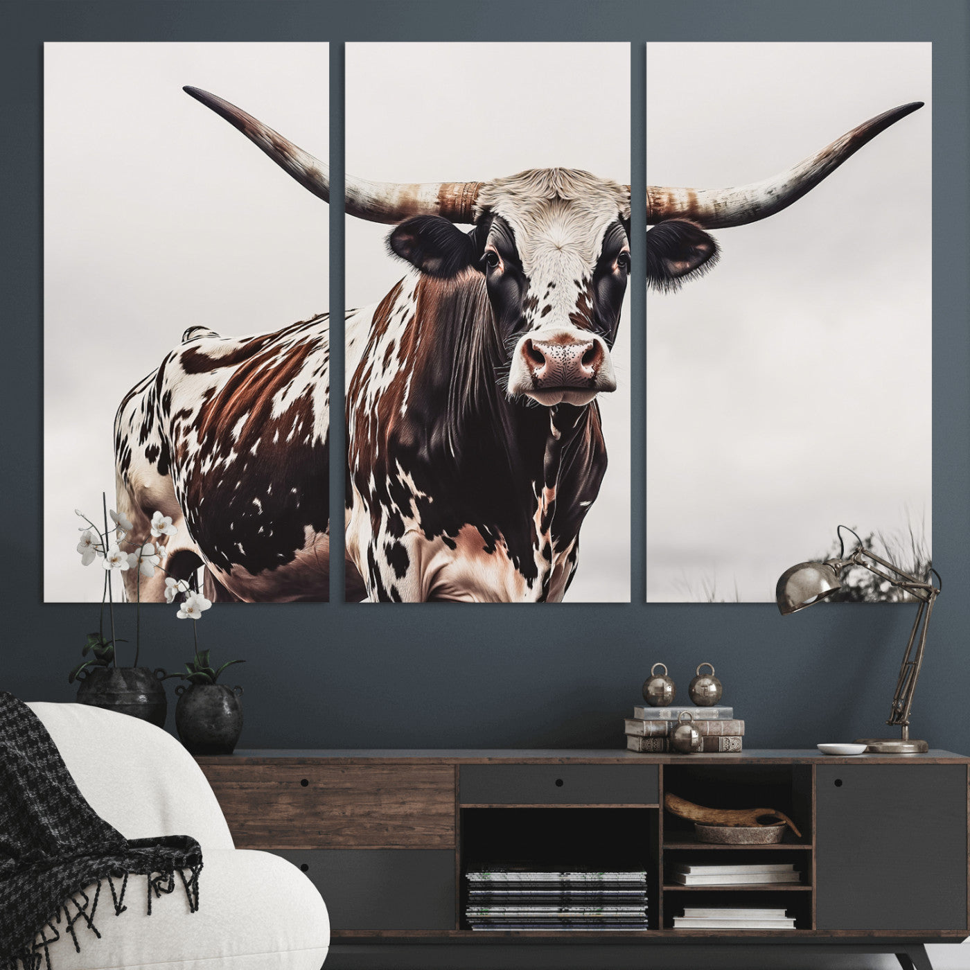 95249234-MGV-CV-36X24-Texas Longhorn Wall Art Canvas Print, Framed Spotted Bull Art Picture Print, Horned Cattle Perfect Rustic Farmhouse Decor Artwork