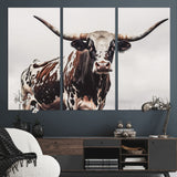 95249234-MGV-CV-36X24-Texas Longhorn Wall Art Canvas Print, Framed Spotted Bull Art Picture Print, Horned Cattle Perfect Rustic Farmhouse Decor Artwork
