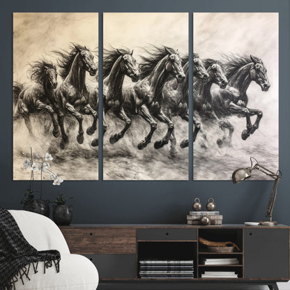 56089591-MGV-CV-36X24-Galloping Horses Wall Art Canvas Print, Framed Wild Stallions Art Picture Print, Horse Herd Sketch Perfect Monochrome Dynamic