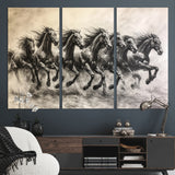 56089591-MGV-CV-36X24-Galloping Horses Wall Art Canvas Print, Framed Wild Stallions Art Picture Print, Horse Herd Sketch Perfect Monochrome Dynamic