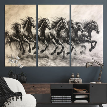 56089591-MGV-CV-36X24-Galloping Horses Wall Art Canvas Print, Framed Wild Stallions Art Picture Print, Horse Herd Sketch Perfect Monochrome Dynamic