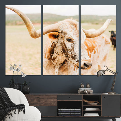 21060648-MGV-CV-36X24-Texas Longhorn Wall Art Canvas Print, Framed Speckled Cow Art Picture Print, Rustic Bull Perfect Rustic Western Decor Artwork