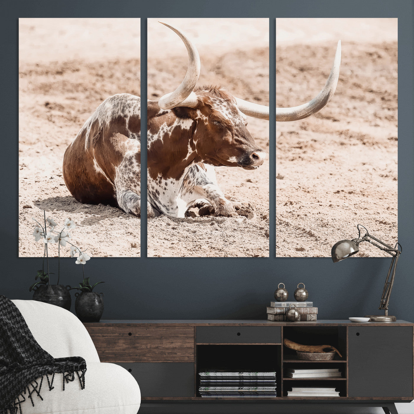 25407592-MGV-CV-36X24-Texas Longhorn Wall Art Canvas Print, Framed Resting Bull Art Picture Print, Spotted Cattle Perfect Rustic Western Decor Artwork