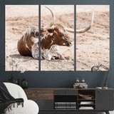 25407592-MGV-CV-36X24-Texas Longhorn Wall Art Canvas Print, Framed Resting Bull Art Picture Print, Spotted Cattle Perfect Rustic Western Decor Artwork