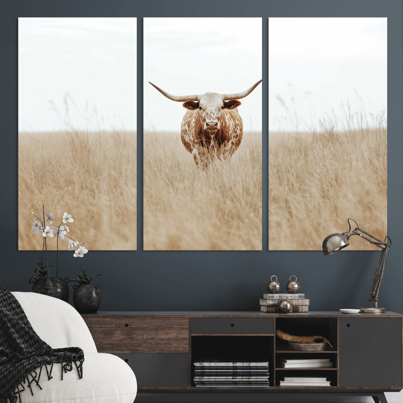 20927060-MGV-CV-36X24-Texas Longhorn Wall Art Canvas Print, Framed Lone Cattle Art Picture Print, Longhorn Bull Perfect Rustic Western Decor Artwork