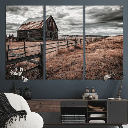 73898372-MGV-CV-36X24-Rustic Barn Wall Art Canvas Print, Framed Moody Field Art Picture Print, Weathered Fence Perfect Moody Farmhouse Decor Artwork