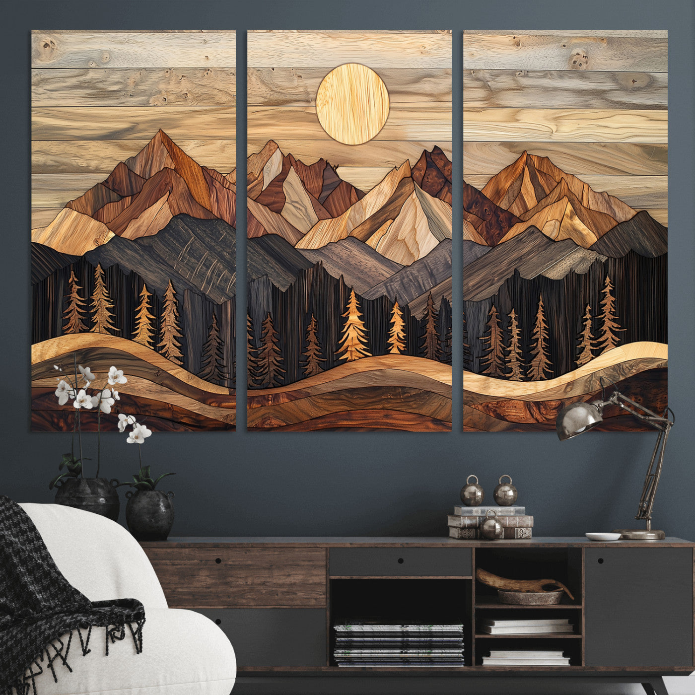 50100230-MGV-CV-36X24-Wooden Mountain Wall Art – Rustic Nature Landscape Canvas Print, Handmade Style Sun, Forest, and Peaks Artwork for Living Room,