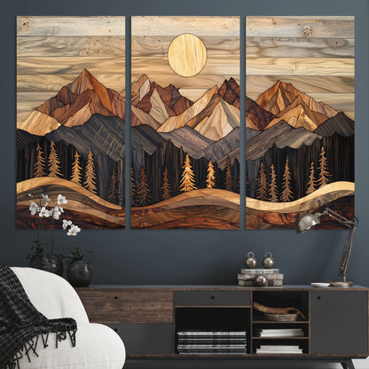 50100230-MGV-CV-36X24-Wooden Mountain Wall Art – Rustic Nature Landscape Canvas Print, Handmade Style Sun, Forest, and Peaks Artwork for Living Room,