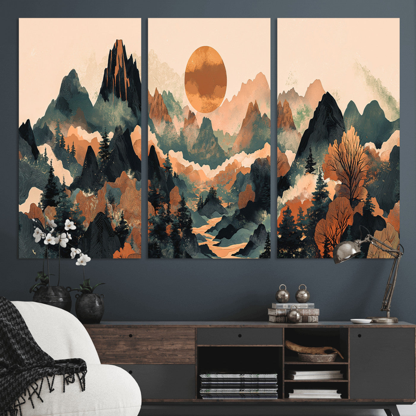 13012770-MGV-CV-36X24-Mountain Landscape Wall Art – Modern Nature Canvas Print with Sun, Misty Peaks, and Forest in Orange and Green Tones for Living
