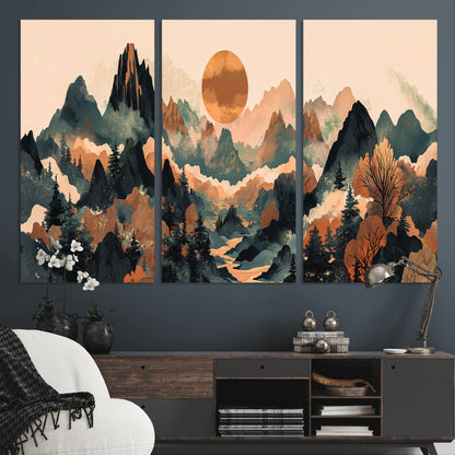 13012770-MGV-CV-36X24-Mountain Landscape Wall Art – Modern Nature Canvas Print with Sun, Misty Peaks, and Forest in Orange and Green Tones for Living
