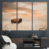 87282289-MGV-CV-48X32-3P-Bison Wall Art Canvas Print, Framed Buffalo Art Picture Print, Western Prairie Perfect Rustic Decor Artwork
