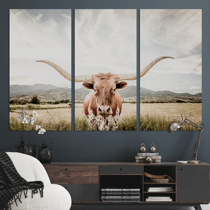80054319-MGV-CV-36X24-Longhorn Wall Art – Rustic Western Canvas Print, Majestic Bull Artwork for Farmhouse, Ranch or Living Room