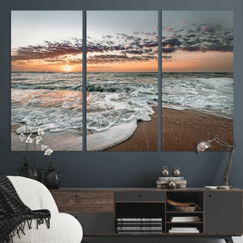 40632752-MGV-CV-36X24-Ocean Sunset Wall Art Canvas Print, Framed Beach Waves Art Picture Print, Coastal Scene Perfect Coastal Decor Artwork