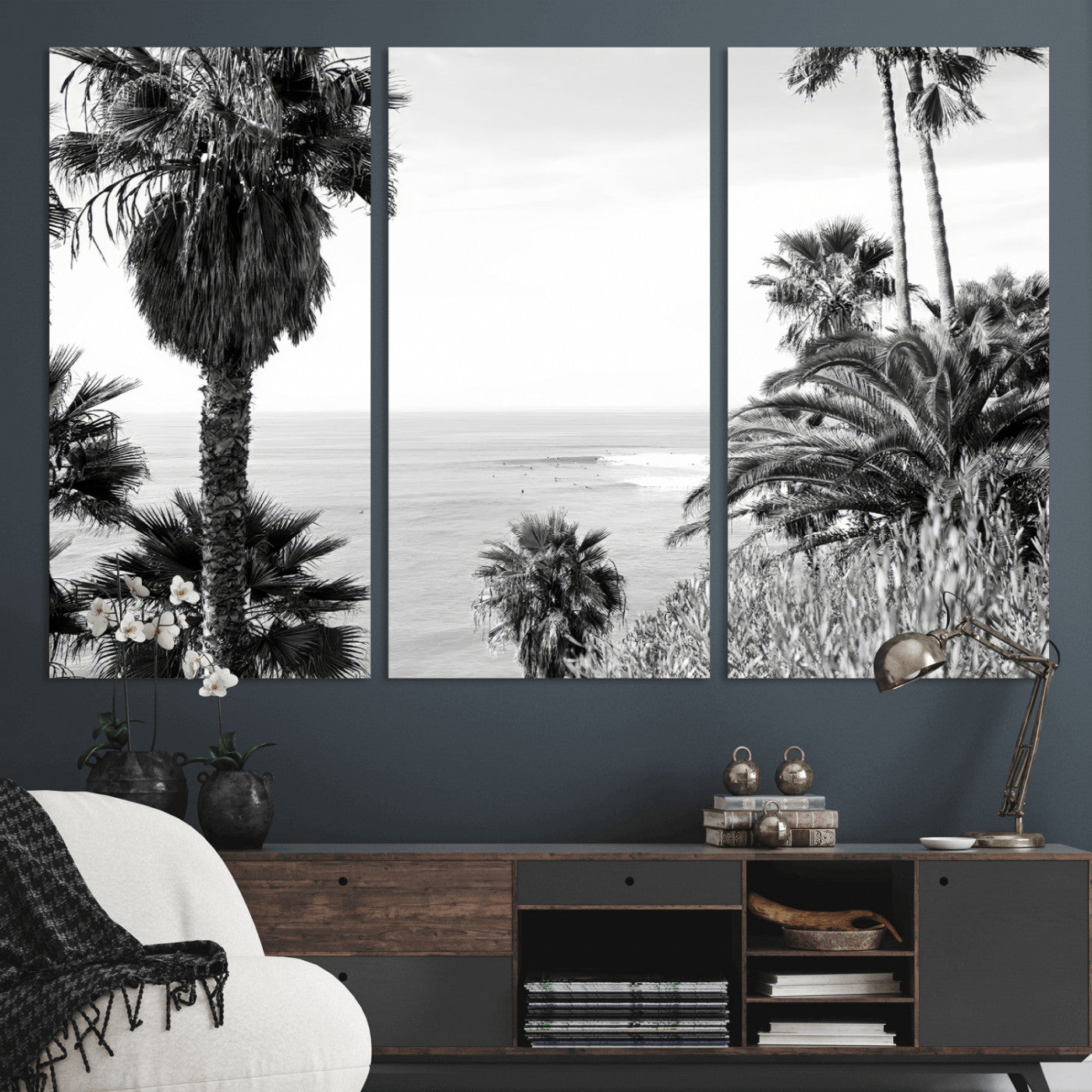 89458520-MGV-CV-36X24-Palm Trees Wall Art Canvas Print, Framed Coastal View Art Picture Print, Ocean Horizon Perfect Monochrome Coast Decor Artwork