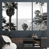 89458520-MGV-CV-48X32-3P-Palm Trees Wall Art Canvas Print, Framed Coastal View Art Picture Print, Ocean Horizon Perfect Monochrome Coast Decor Artwork