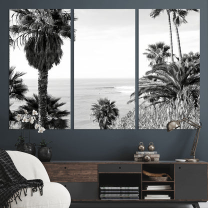 89458520-MGV-CV-48X32-3P-Palm Trees Wall Art Canvas Print, Framed Coastal View Art Picture Print, Ocean Horizon Perfect Monochrome Coast Decor Artwork