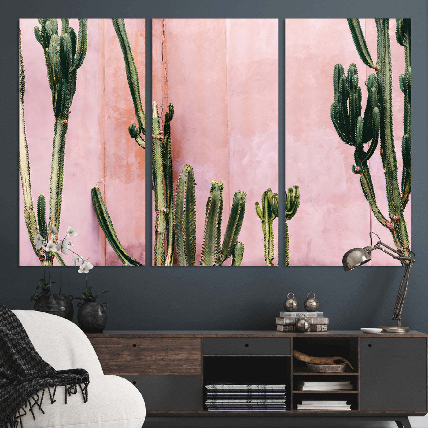 93119502-MGV-CV-48X32-3P-Tall Cactus Wall Art Canvas Print, Framed Pink Wall Art Picture Print, Cactus Lines Perfect Modern Desert Decor Artwork