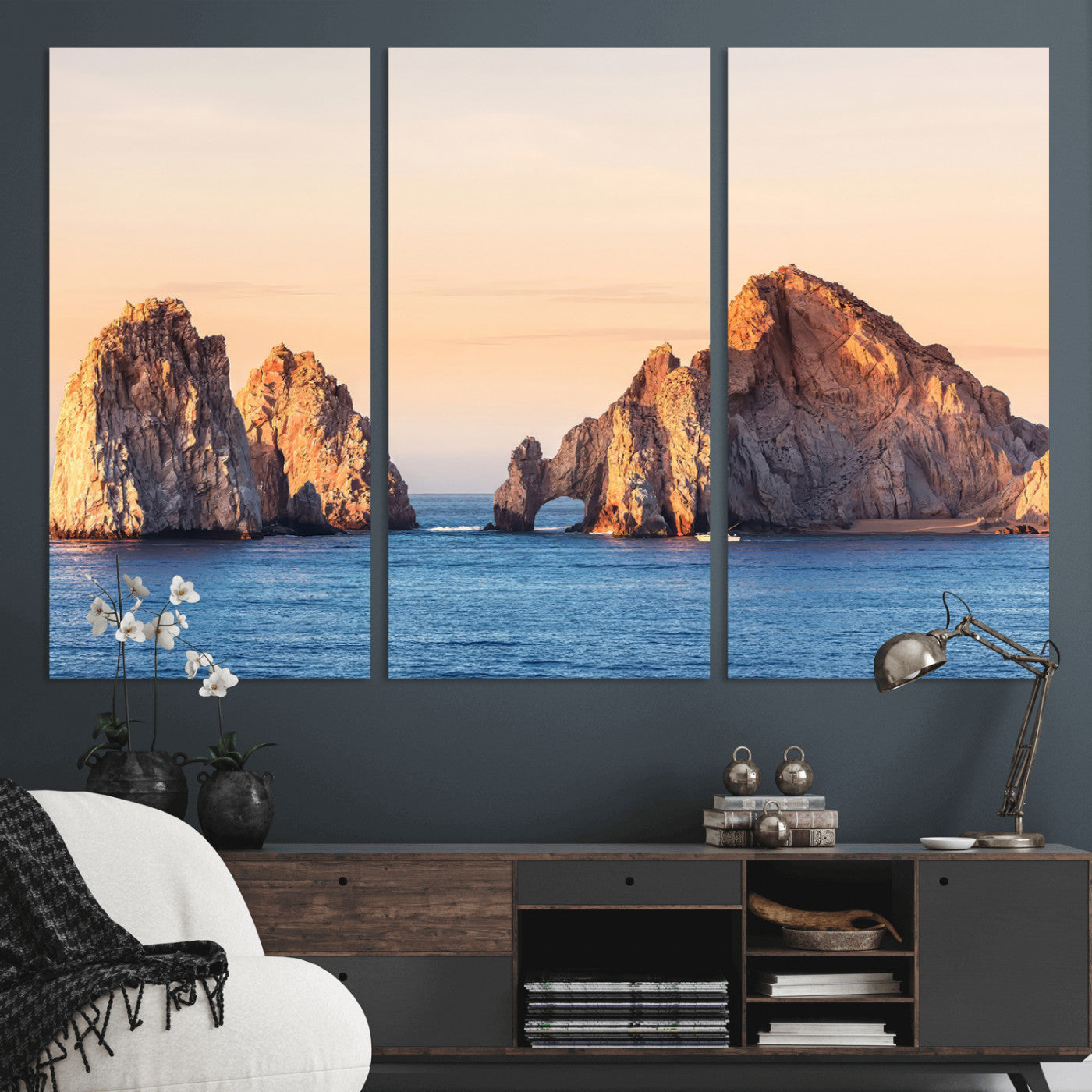 72996116-MGV-CV-36X24-El Arco Wall Art Canvas Print, Framed Cabo Rocks Art Picture Print, Ocean Arch Perfect Golden Coastal Landmark Decor Artwork