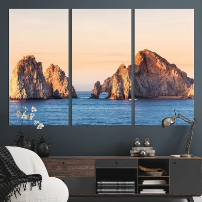 72996116-MGV-CV-36X24-El Arco Wall Art Canvas Print, Framed Cabo Rocks Art Picture Print, Ocean Arch Perfect Golden Coastal Landmark Decor Artwork