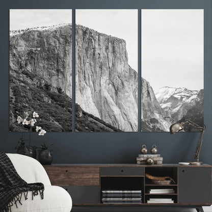 39393420-MGV-CV-48X32-3P-El Capitan Wall Art Canvas Print, Framed Yosemite Cliff Art Picture Print, Monochrome Mountain Perfect Monochrome Sierra Decor