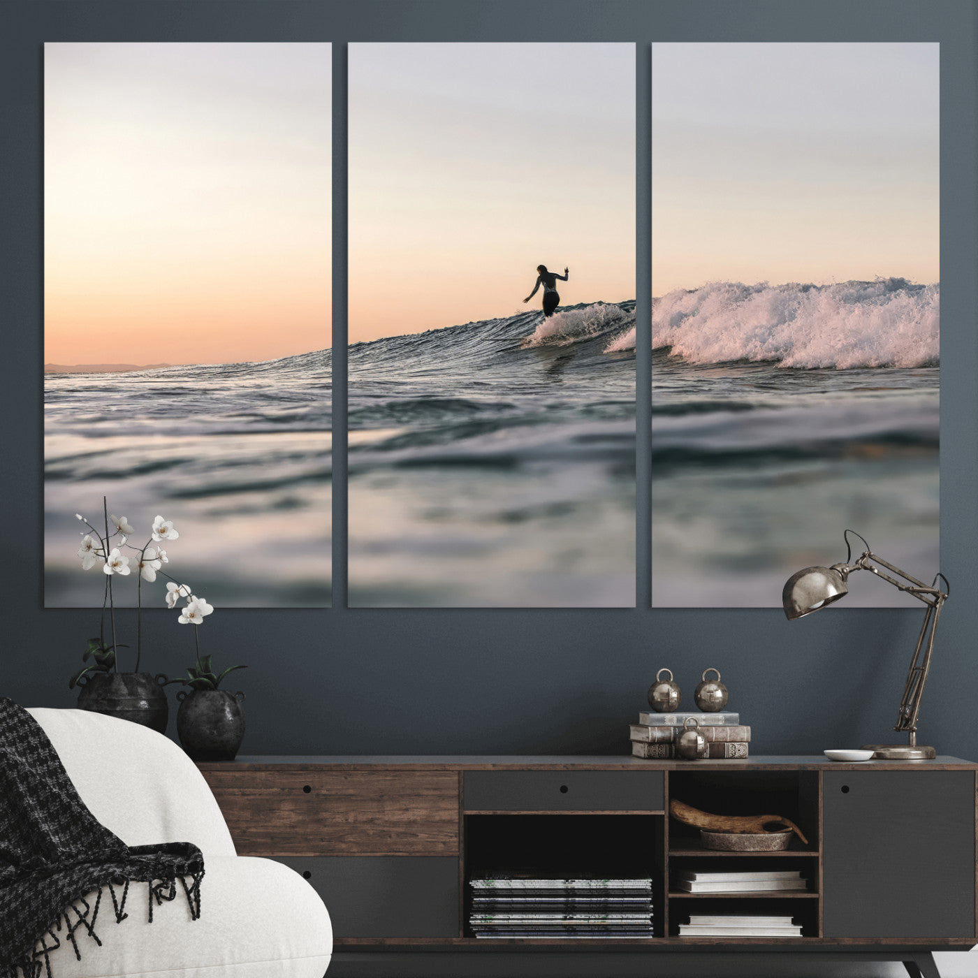 58502923-MGV-CV-48X32-3P-Wave Rider Wall Art Canvas Print, Framed Ocean Wave Art Picture Print, Riding Surf Perfect Sunset Surf Decor Artwork