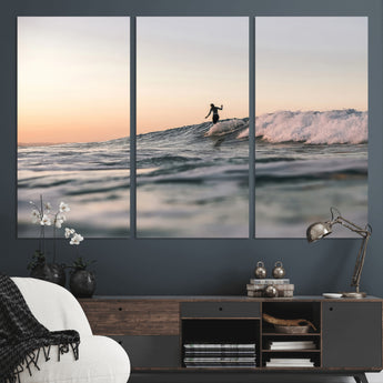 58502923-MGV-CV-48X32-3P-Wave Rider Wall Art Canvas Print, Framed Ocean Wave Art Picture Print, Riding Surf Perfect Sunset Surf Decor Artwork