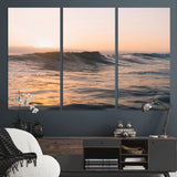 46299358-MGV-CV-36X24-Sunset Waves Wall Art Canvas Print, Framed Ocean Horizon Art Picture Print, Golden Water Perfect Golden Hour Coastal Decor Artwork
