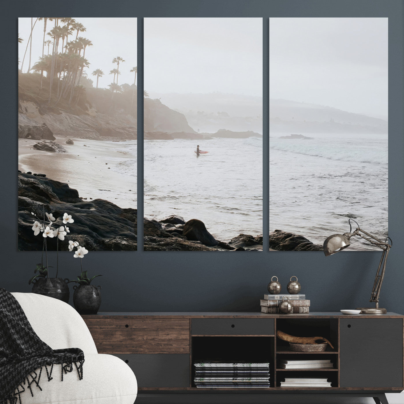 62501405-MGV-CV-36X24-Misty Beach Wall Art Canvas Print, Framed California Surfer Art Picture Print, Coastal Cliff Perfect Coastal Beach Decor Artwork