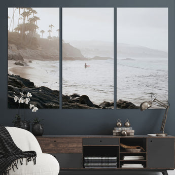 62501405-MGV-CV-36X24-Misty Beach Wall Art Canvas Print, Framed California Surfer Art Picture Print, Coastal Cliff Perfect Coastal Beach Decor Artwork
