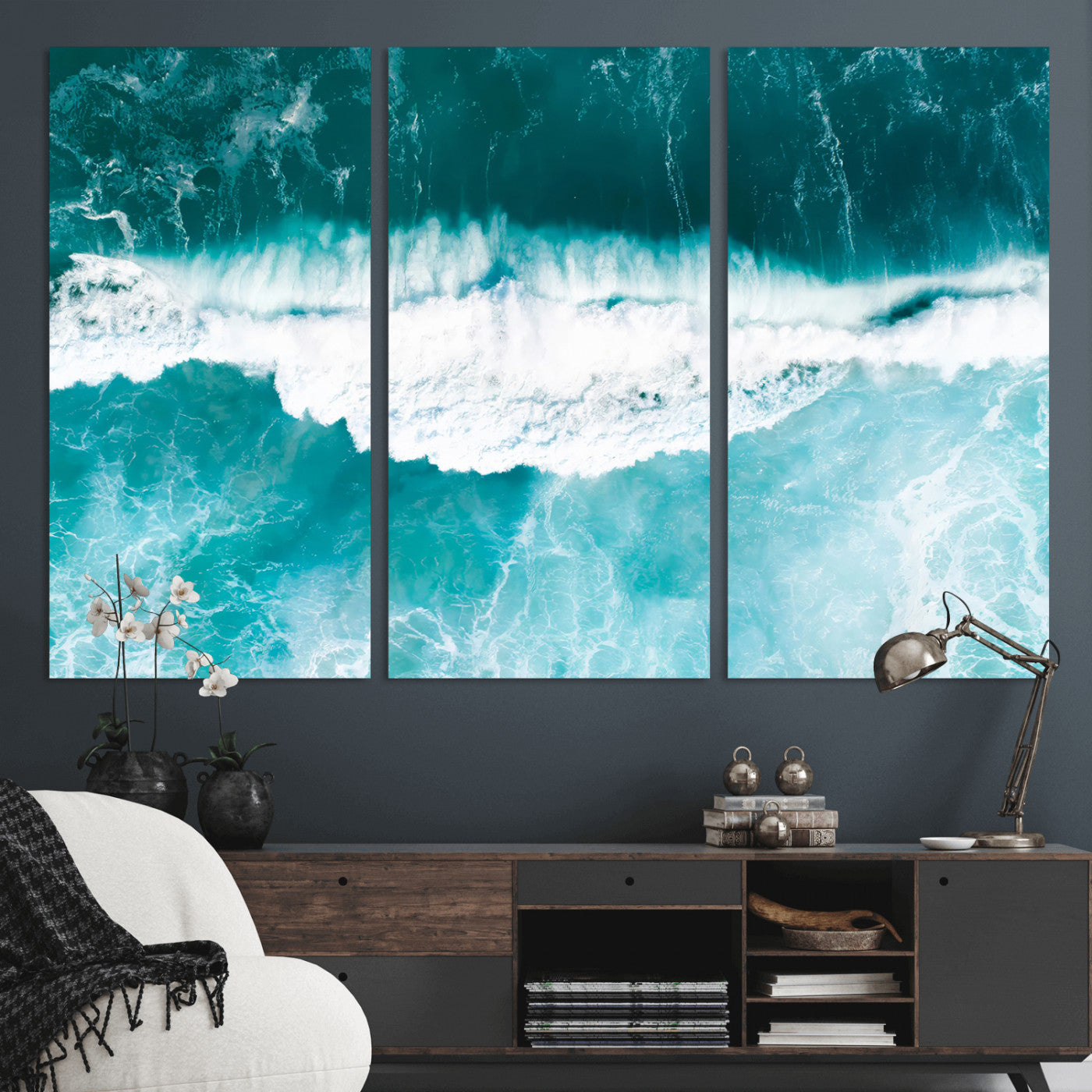 23828594-MGV-CV-36X24-Aerial Waves Wall Art Canvas Print, Framed Ocean Break Art Picture Print, Sea Foam Perfect Tropical Coastal Decor Artwork