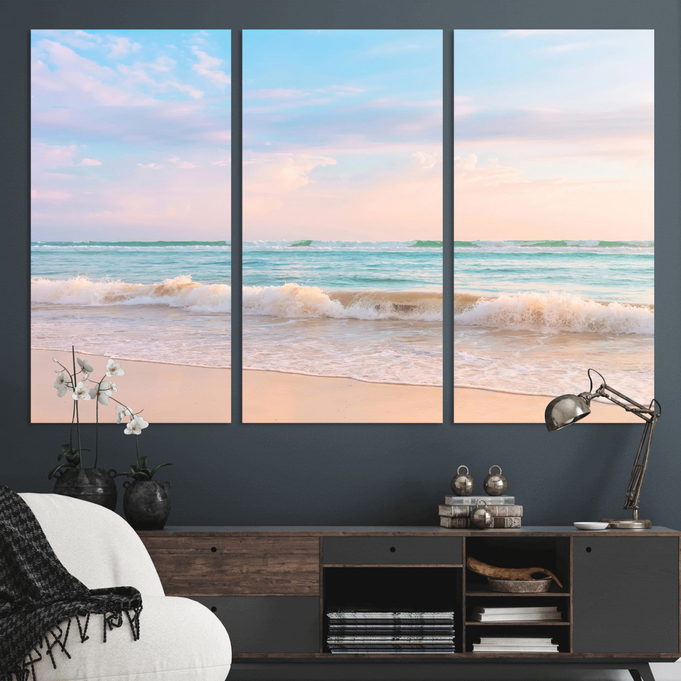 74679437-MGV-CV-36X24-Pastel Ocean Wall Art Canvas Print, Framed Beach Waves Art Picture Print, Soft Sunset Perfect Pastel Coastal Decor Artwork