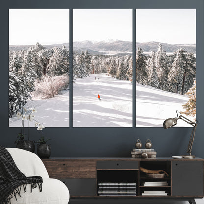 62119206-MGV-CV-36X24-Snowy Trail Wall Art Canvas Print, Framed Ski Slope Art Picture Print, Winter Pines Perfect Alpine Adventure Decor Artwork