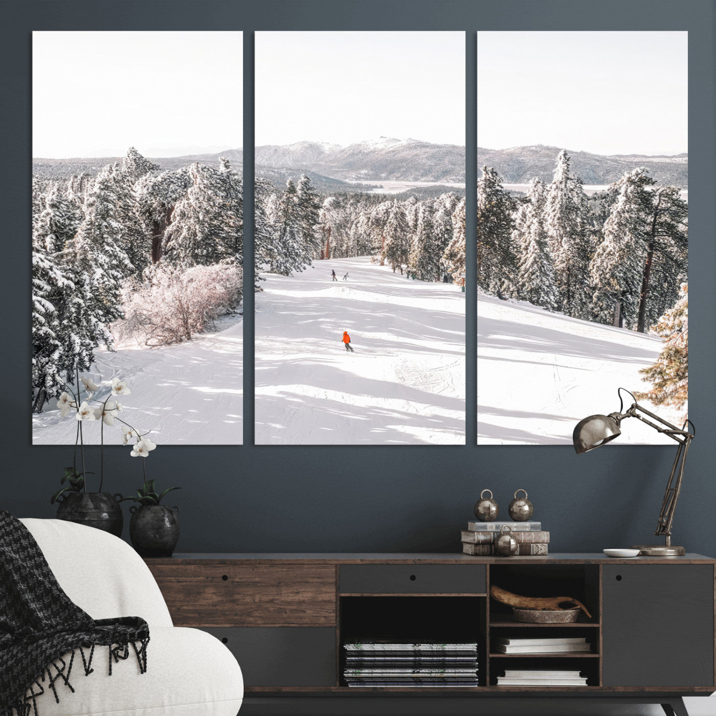 62119206-MGV-CV-36X24-Snowy Trail Wall Art Canvas Print, Framed Ski Slope Art Picture Print, Winter Pines Perfect Alpine Adventure Decor Artwork