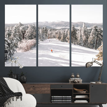 62119206-MGV-CV-36X24-Snowy Trail Wall Art Canvas Print, Framed Ski Slope Art Picture Print, Winter Pines Perfect Alpine Adventure Decor Artwork