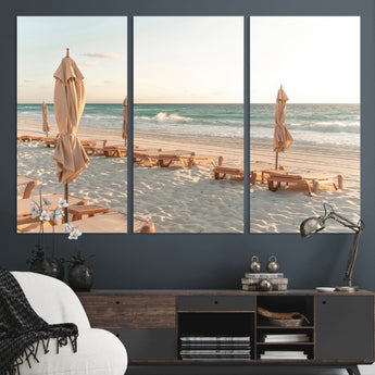 58507949-MGV-CV-36X24-Beach Umbrellas Wall Art Canvas Print, Framed Empty Loungers Art Picture Print, Soft Sand Perfect Minimalist Seaside Decor Artwork