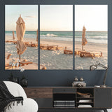 58507949-MGV-CV-36X24-Beach Umbrellas Wall Art Canvas Print, Framed Empty Loungers Art Picture Print, Soft Sand Perfect Minimalist Seaside Decor Artwork