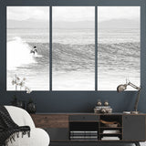 81535128-MGV-CV-36X24-Surfer Woman Wall Art Canvas Print, Framed Black Ocean Art Picture Print, Ocean Surfing Perfect Monochrome Coastal Decor Artwork