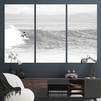 81535128-MGV-CV-36X24-Surfer Woman Wall Art Canvas Print, Framed Black Ocean Art Picture Print, Ocean Surfing Perfect Monochrome Coastal Decor Artwork