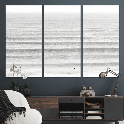 66534476-MGV-CV-36X24-Lone Surfer Wall Art Canvas Print, Framed Ocean Waves Art Picture Print, Minimal Sea Perfect Minimal Coastal Decor Artwork