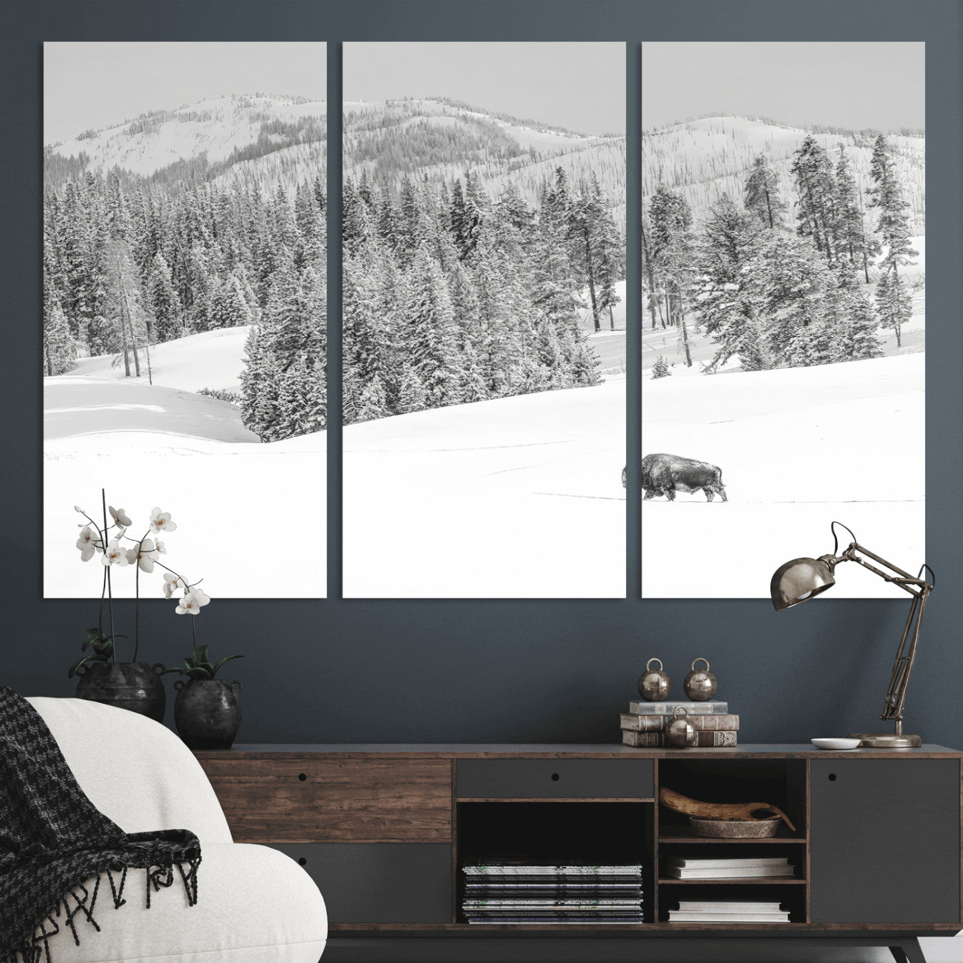 68081143-MGV-CV-36X24-Snowy Bison Wall Art Canvas Print, Framed Winter Forest Art Picture Print, Lone Bison Perfect Monochrome Winter Wild Decor Artwork