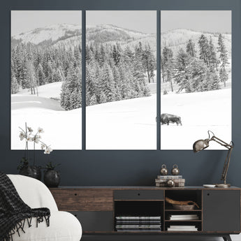68081143-MGV-CV-36X24-Snowy Bison Wall Art Canvas Print, Framed Winter Forest Art Picture Print, Lone Bison Perfect Monochrome Winter Wild Decor Artwork
