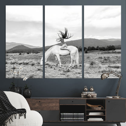 62789800-MGV-CV-48X32-3P-White Horse Wall Art Canvas Print, Framed Woman Rider Art Picture Print, Equestrian Pose Perfect Western Boho Decor Artwork