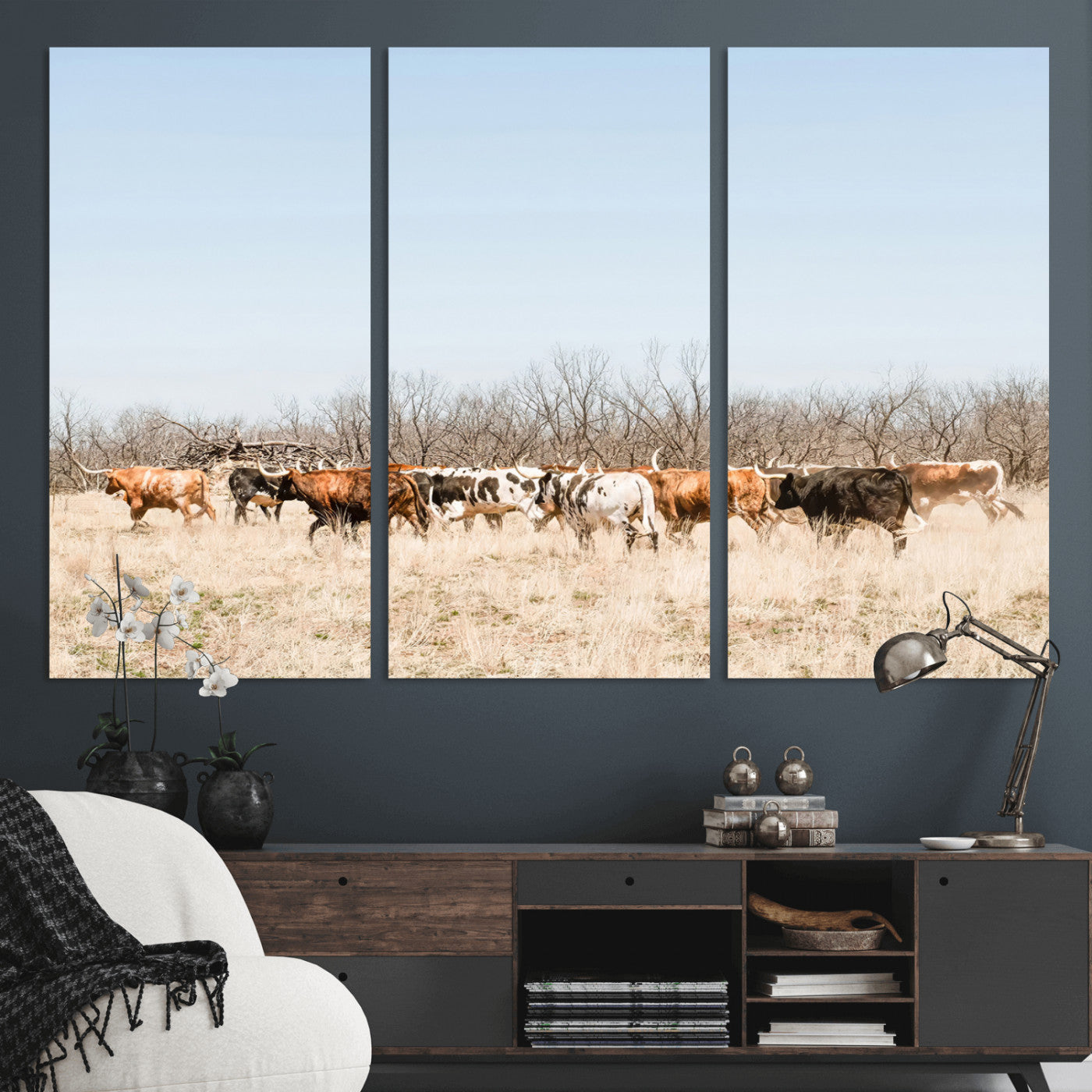 16563092-MGV-CV-36X24-Texas Longhorns Wall Art Canvas Print, Framed Western Cattles Art Picture Print, Rustic Herd Perfect Rustic Farmhouse Decor