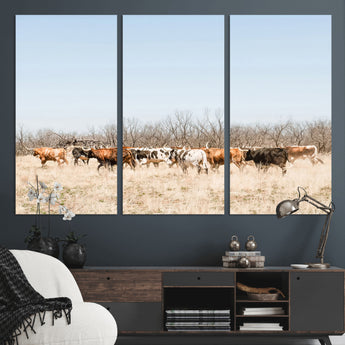 16563092-MGV-CV-36X24-Texas Longhorns Wall Art Canvas Print, Framed Western Cattles Art Picture Print, Rustic Herd Perfect Rustic Farmhouse Decor