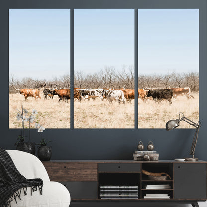 16563092-MGV-CV-36X24-Texas Longhorns Wall Art Canvas Print, Framed Western Cattles Art Picture Print, Rustic Herd Perfect Rustic Farmhouse Decor